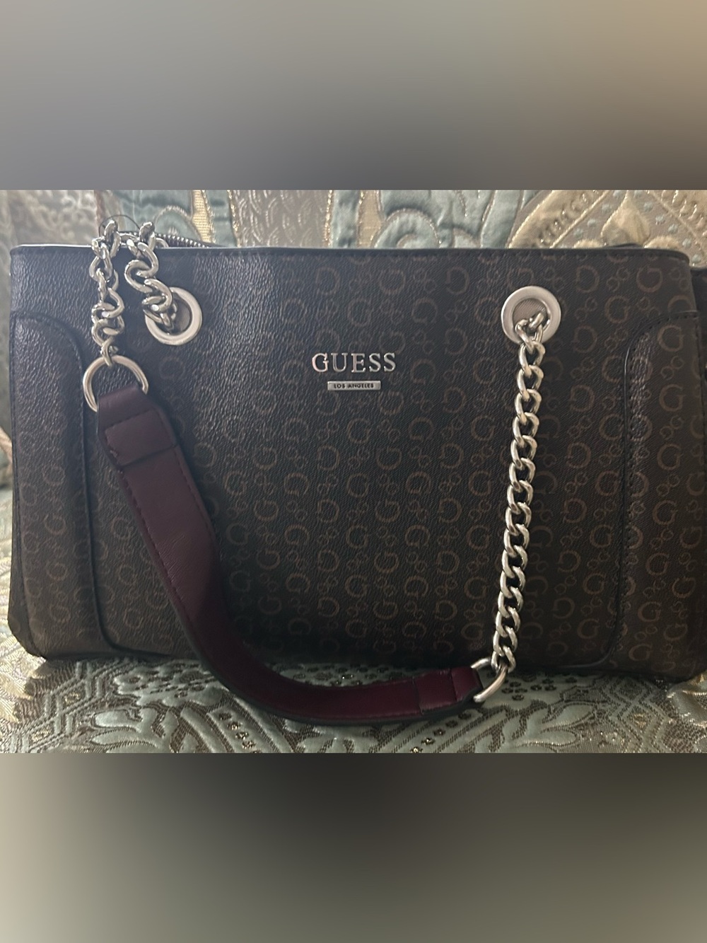 GUESS Brown Monogram Tote with Burgundy Strap and Silver Chain